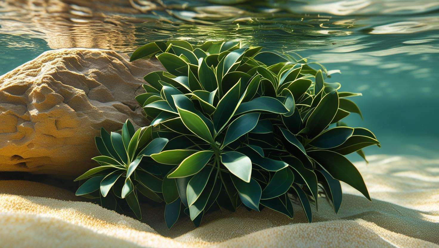 Anubias with dark green leaves on rock in a lightly planted tank