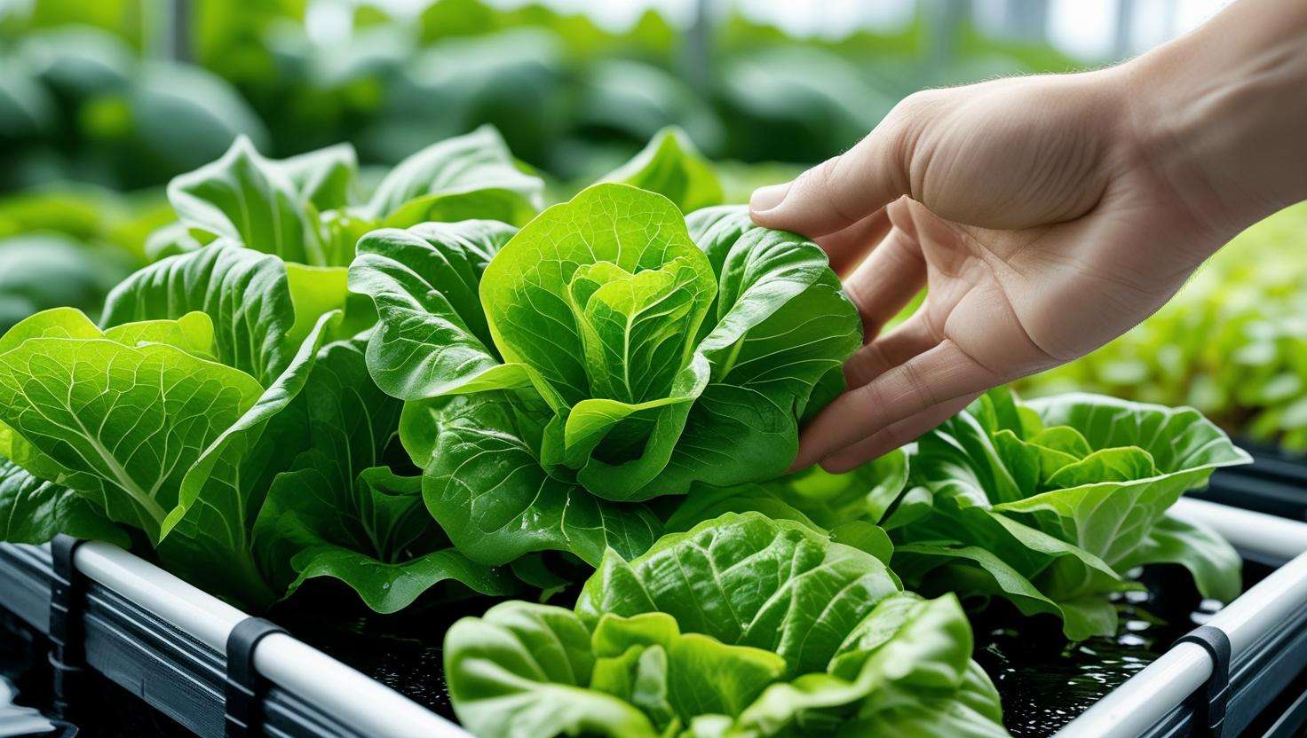 Hand harvesting fresh hydroponic lettuce from a DWC system with healthy crops