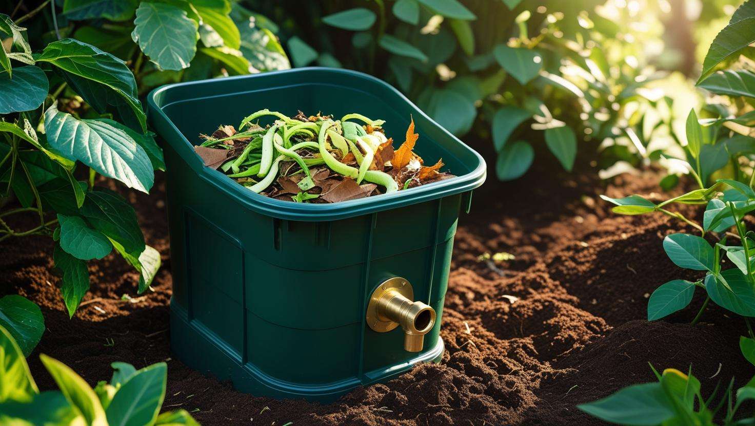 Dust bin with spigot for DIY liquid composter filled with vegetable peels and leaves in a garden.