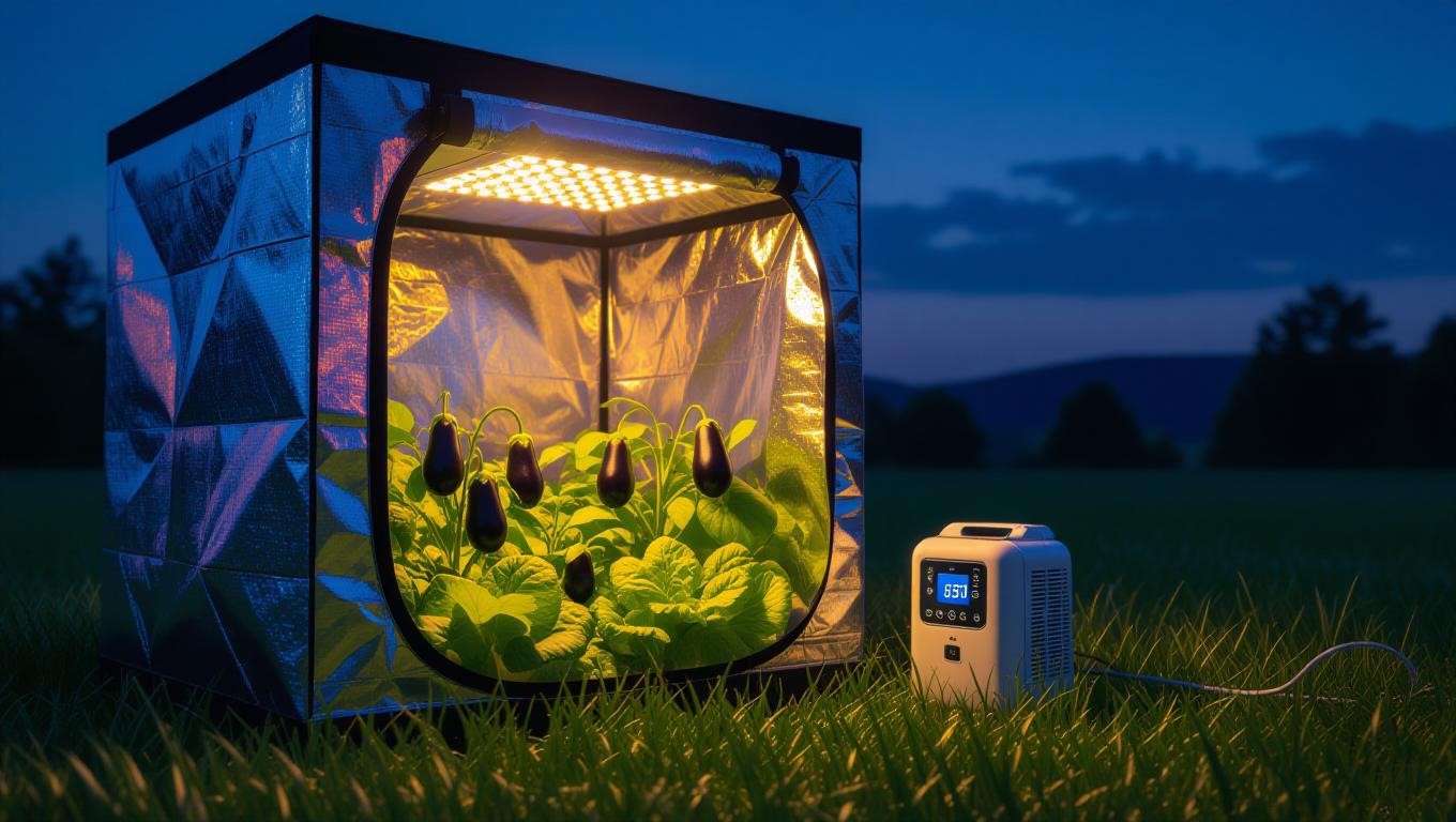 Smart thermostat and heater in a vegetable grow tent at night for automated warmth.