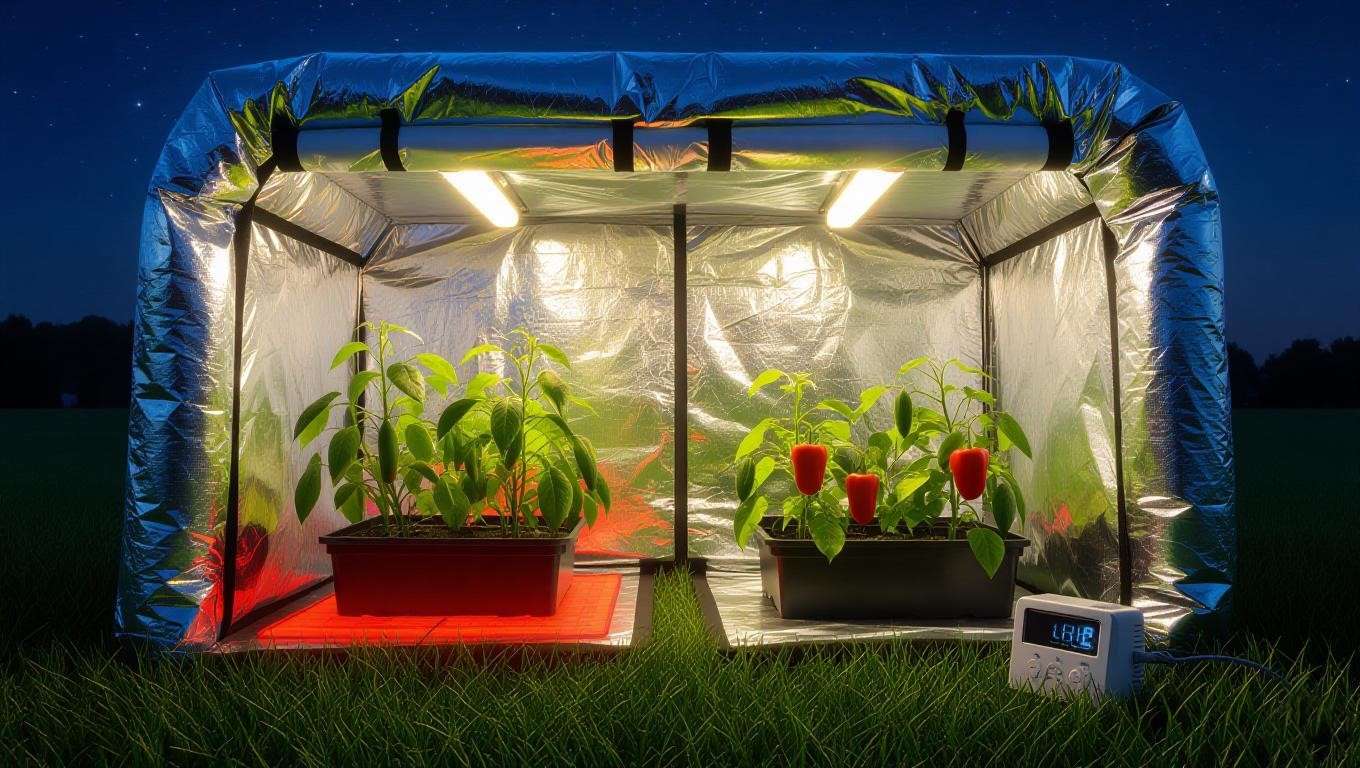 Energy-efficient heat mat and timer in a vegetable grow tent at night.
