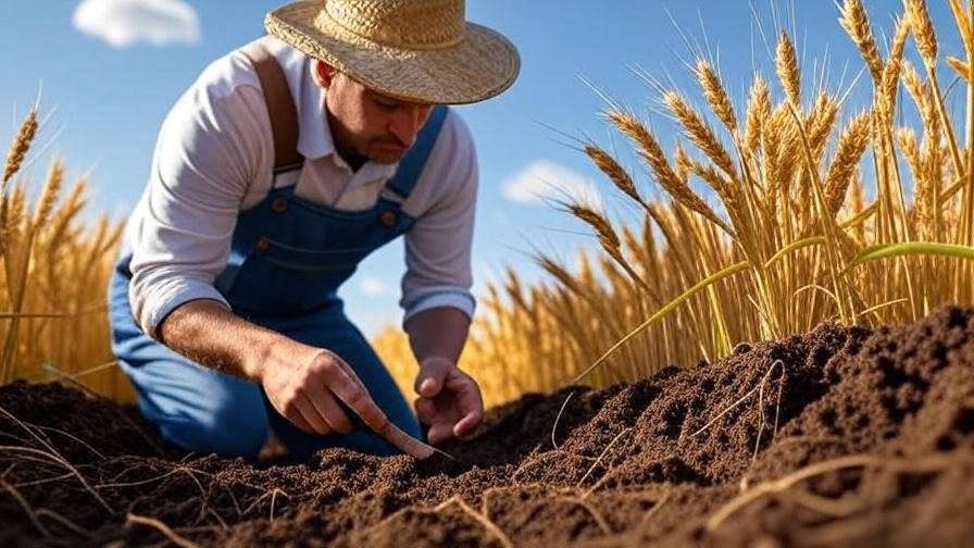 Farmer inspecting healthy wheat plants and rich soil in a sustainable crop rotation field