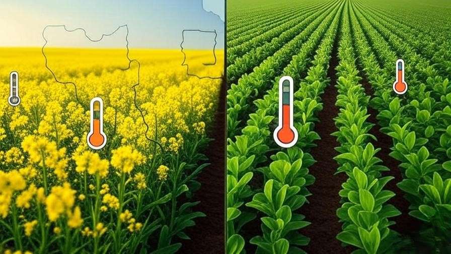 Infographic comparing canola and soybean crop soil types, pH, and climate conditions for sustainable farming.