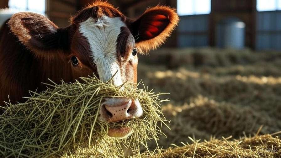Healthy cow eating rolled barley feed with hay in a barn, showcasing sustainable cattle feeding practices