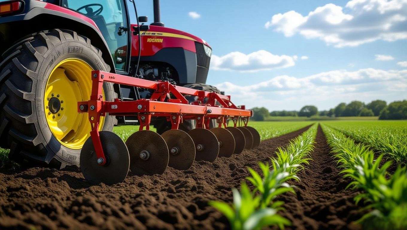 Close-up of field cultivator shanks breaking compacted soil in a lush farm field