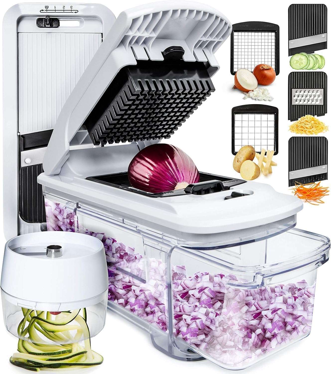 Fullstar All-in-1 Vegetable Chopper and Mandoline Slicer for Kitchen - Cheese Grater, French Fry Cutter, Cheese Slicer - Bonus Handheld Spiralizer Included (6 in 1, Black/White)