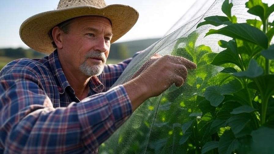 Farmer installing insect netting over vegetable crops for natural pest control