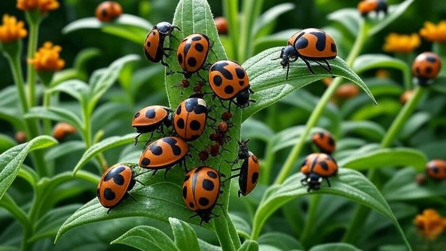 Ladybugs with black and orange markings feeding on aphids on a plant leaf in a garden