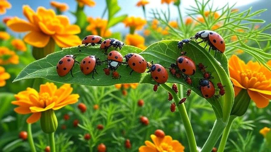Ladybugs feeding on aphids on a green leaf with marigolds and dill in a sunny garden
