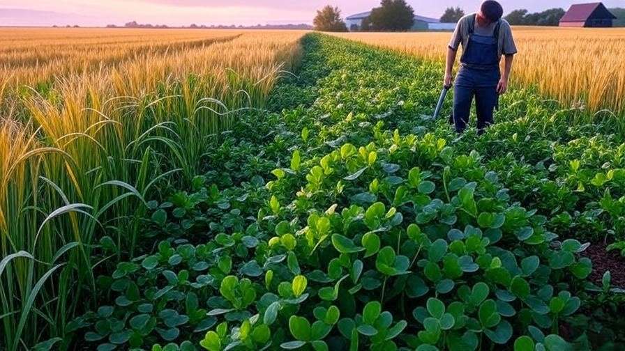 Diverse crop rotation with cover crops and farmer inspecting soil in a sustainable agriculture field.