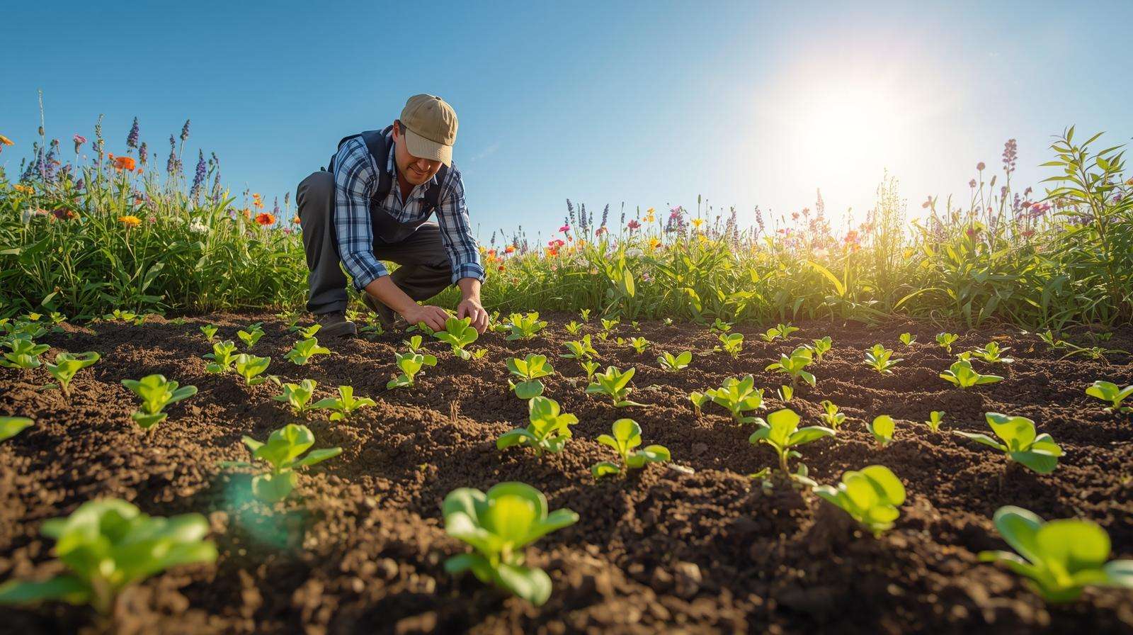 Farmer planting lettuce and peas in a vibrant spring field with blooming wildflowers and a clear blue sky, showcasing optimal spring farming conditions.