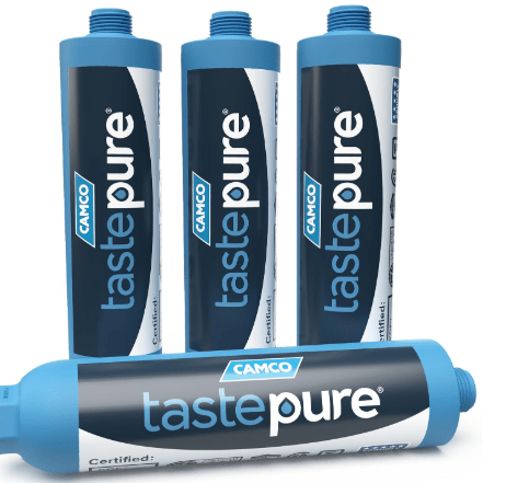 Camco Tastepure Camper/RV Water Filter - Inline Water Filter Reduces Bad Taste, Odor, Chlorine & Sediment - Ideal for RVs, Campers, Travel Trailers, Boats - Made in the USA - 4-Pack (40042)