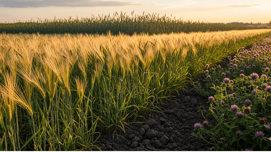 Thriving barley crop in a diverse crop rotation field with healthy soil under golden sunlight.