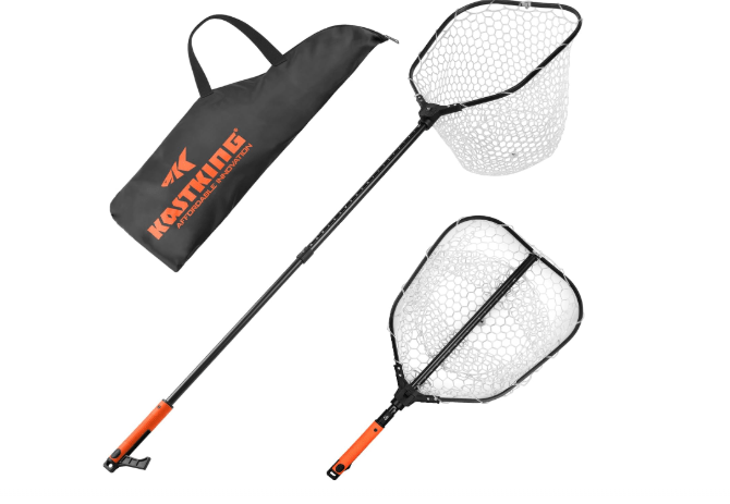 KastKing Brutus Folding Landing Net with Boat Hook, Foldable, Extendable, Lightweight & Strong, Multi-Functional Built-in Boat Hook, Non-Slip & Bright Orange TPR Handle, Two Nets Options