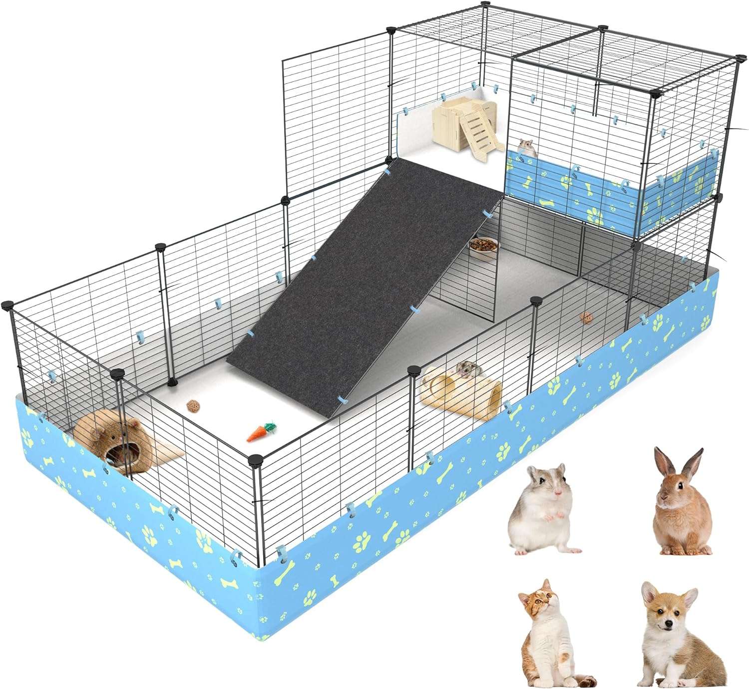 MODESLAB 2-Story Guinea Pig Cages with Tarp, Large C&C Loft Cage for Rabbit Bunny Puppy Small Animal Indoor Dog Playpen Pet Exercise Enclosure, 25 Panels