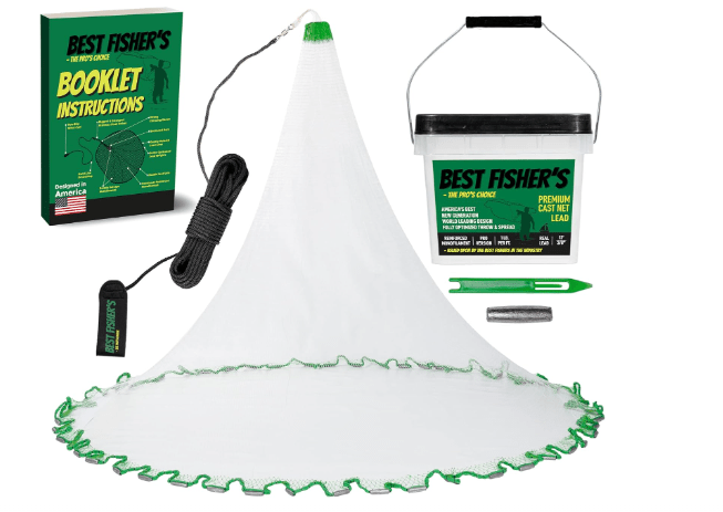 American Pro Cast Net - 4ft/6ft/8ft/10ft/12ft - 3/8" Mesh - Real Lead 1-lbs/ft Double Line - 2024 Upgraded & Optimized - Old Salt Premium Cast Nets for Fishing - E-Book & Utility Box Included