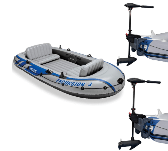Intex Excursion 4 Inflatable Raft Set w/ 2 Transom Mount 8 Speed Trolling Motors