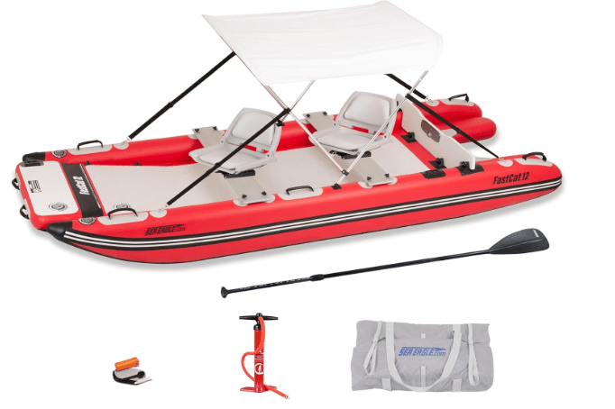 Sea Eagle FastCat Catamaran 2-4 Person Inflatable Boat-Rigid, High-Pressure, All-Drop Stitch, Easy Setup, Self-Bailing
