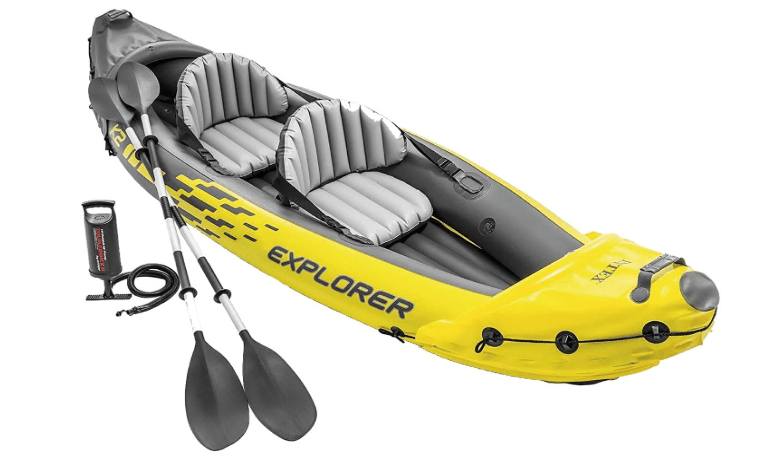 Intex 68307EP Explorer K2 Inflatable Kayak Set: Includes Deluxe 86in Aluminum Oars and High-Output Pump – SuperStrong PVC – Adjustable Seats with Backrest – 2-Person – 400lb Weight Capacity