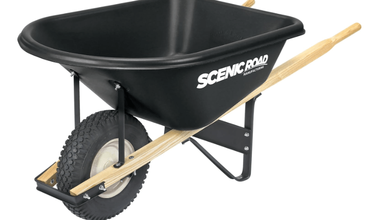 Scenic Lane Single-Wheel 6 Cu Ft Wheelbarrow with 16" 4-Ply Knobby Tire, High Density Polyethylene Tray, Steel Frame, for Gardening, Landscapers, Contractors and Farm, Green