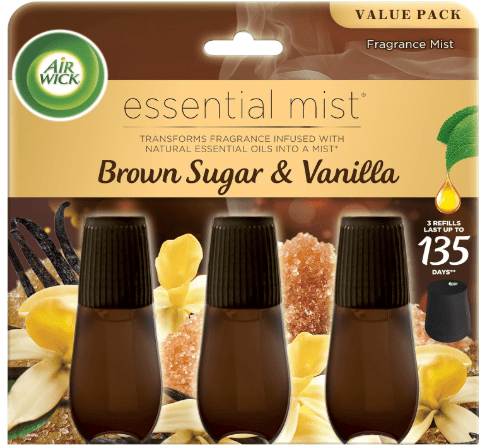 Air Wick Essential Mist Refill, 3ct, Brown Sugar & Vanilla, Fall Scent, Essential Oils, Air Freshener