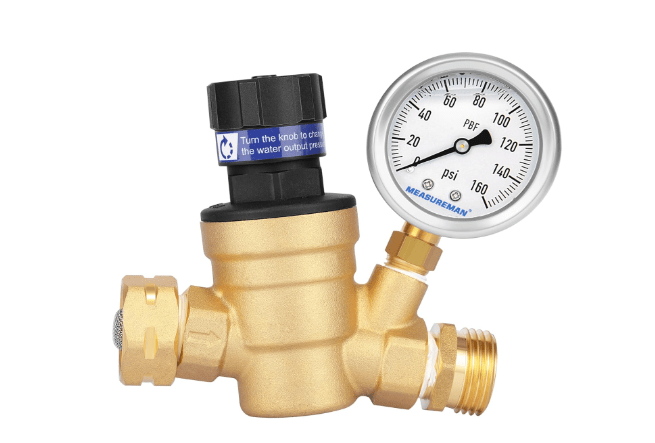 MEASUREMAN Lead-Free RV Pressure Regulator, Pressure Reducer with Liquid Filled Pressure Gauge and Inlet Screened Filter for Camper, RV and Trailer