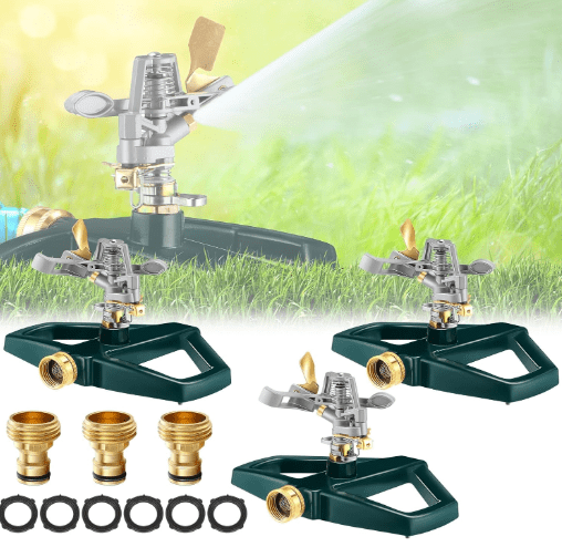 3 Sets Rotating 360 Degree Swivel Garden Sprinkler Pulsating Impact Sprinkler with Metal Base, Heavy Duty Adjustable Garden Hose Sprinklers System for Large Area Lawn Yard(Small Head)