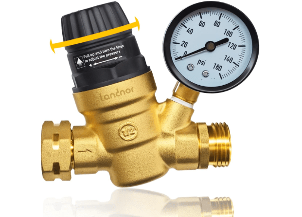 RV Water Pressure Regulator Valve With An Adjustable Knob, NO Tool Required, Brass Lead-Free Water Pressure Reducer with Gauge and Inlet Screen Filter for RV Camper Travel Trailer