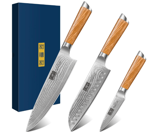 Damascus Kitchen Knife Set 3-Piece, Ultra Sharp 8" Chef Knife, 7" Santoku Knife, 3.75" Paring Knife, Professional VG-10 Damascus Super Steel Chef Knife Set with Ergonomic Handle