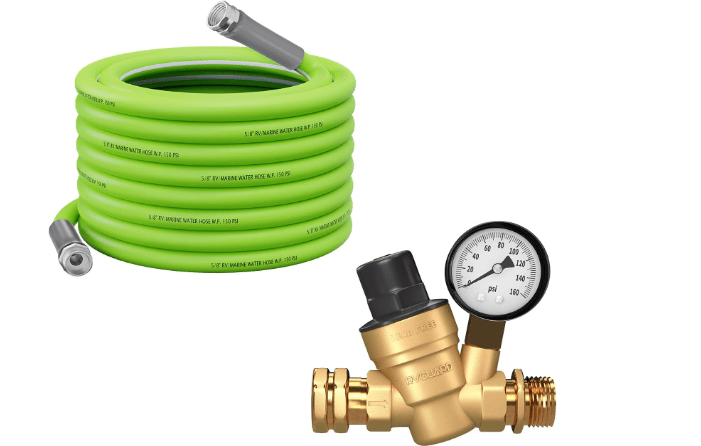 RVGUARD RV Water Pressure Regulator Valve with 50FT RV Water Hose, Lead-Free Water Hose and Water Pressure Regulator for RV, Trailer and Garden