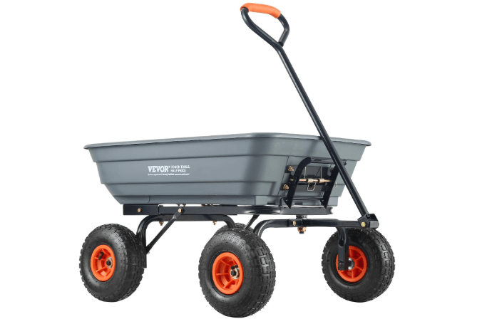 VEVOR 4 Cu.Ft. 600lbs Poly Garden Cart Dump Wagon, Heavy Duty 4 Wheel Wheelbarrow Yard Cart Dump Wagon with 10in All Terrain Wheels, Steel Frame and Quick Release System