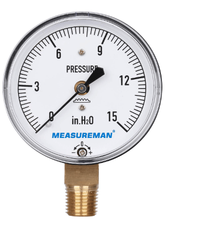 MEASUREMAN Diaphragm Type Capsule Low Pressure Gauge, 2-1/2" Dial, 1/4" NPT Lower Mount, Adjustable, 0-15 in H2O(Inches of Water)