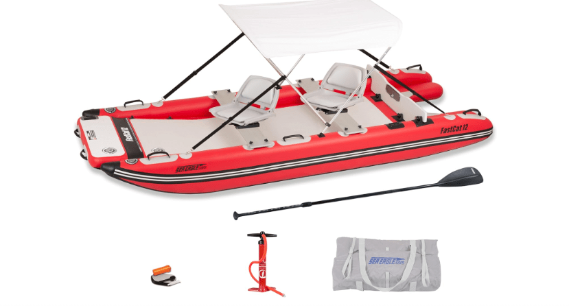 Sea Eagle FastCat Catamaran 2-4 Person Inflatable Boat-Rigid, High-Pressure, All-Drop Stitch, Easy Setup, Self-Bailing