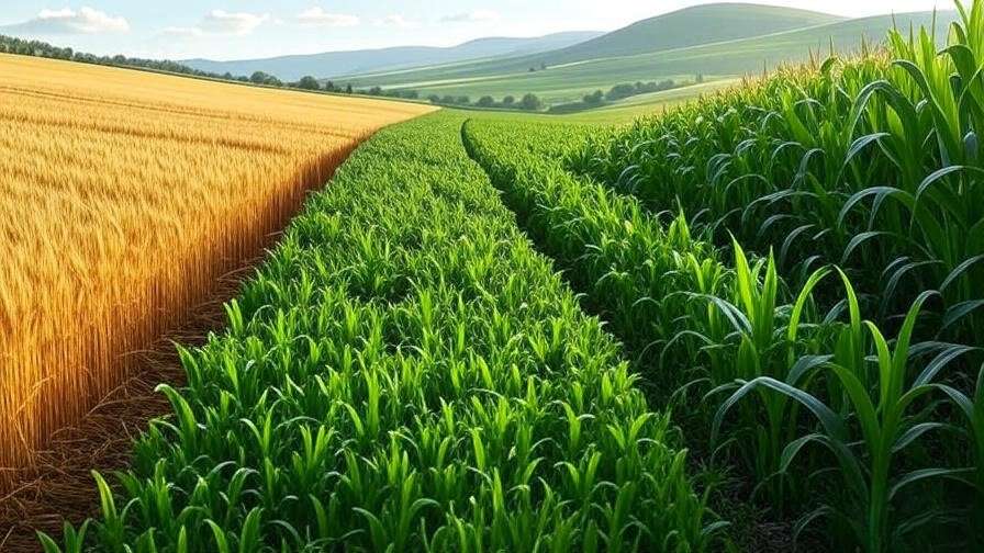 Colorful crop rotation field with wheat, legumes, and corn for soil health optimization