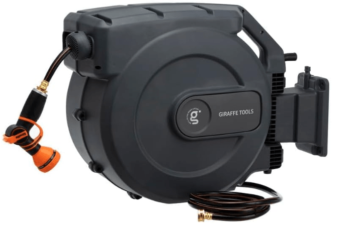 Giraffe Tools AW505/8 Retractable Garden Hose Reel 5/8" x 115+5 ft, Heavy Duty Wall Mounted Water Hose Reel Automatic Rewind, 180 Deg Swivel Bracket, Slow Retraction, 115ft, Dark Grey