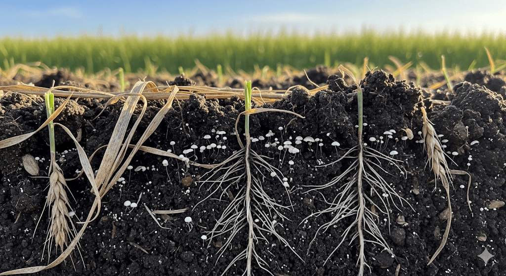 Close-up of healthy soil with barley roots and residue in a lush field.