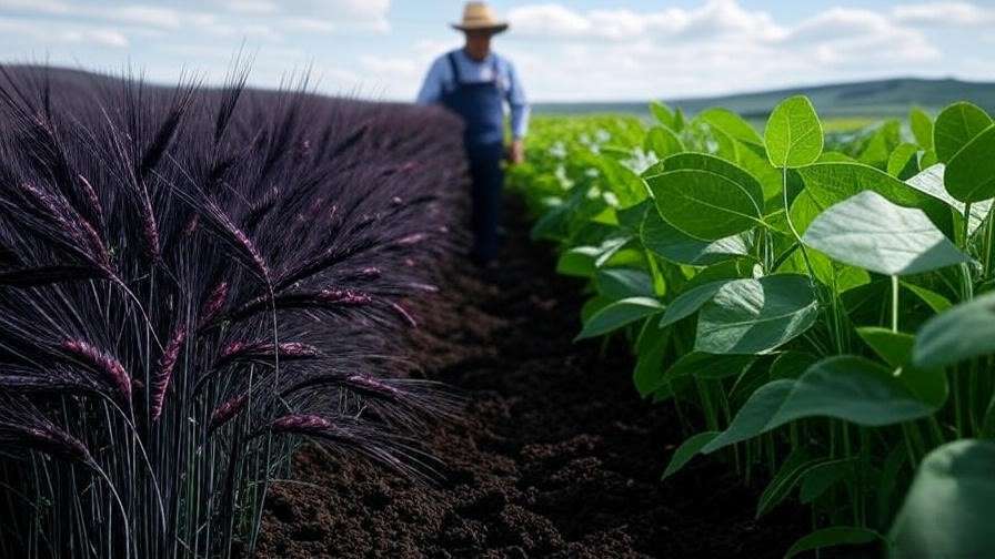 Close-up of healthy black barley field with dark purplish-black heads under sunny sky