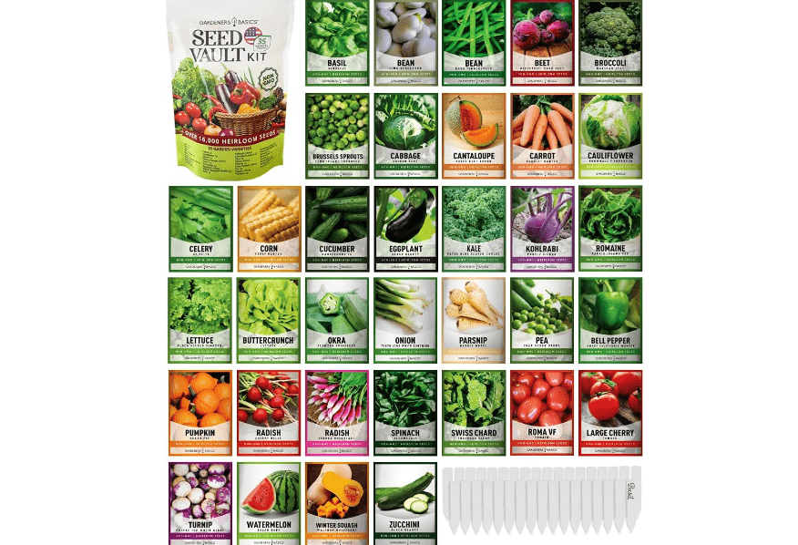Gardeners Basics Survival Vegetable Seeds Garden Kit Over 16,000 Seeds Non-GMO and Heirloom, Great for Emergency Bugout Survival Gear 35 Varieties Seeds 