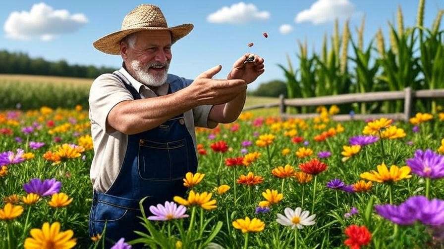 Farmer releasing ladybugs into a field of flowers and crops for natural pest control