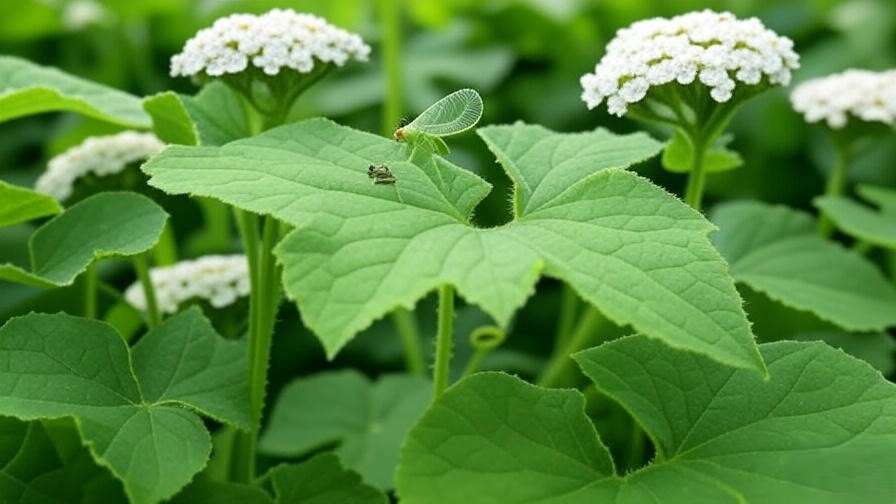 Green lacewing larvae preying on whiteflies on a cucumber plant with yarrow flowers