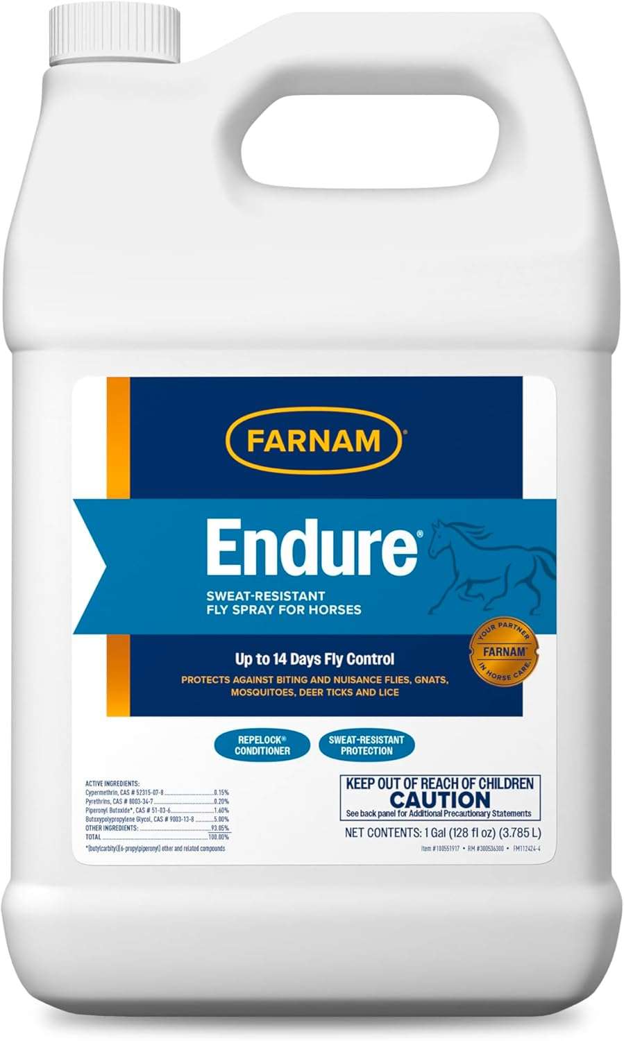 Farnam Endure Sweat-Resistant Fly Spray for Horses, Sweat-Rsistant Formula Lasts Up to 14 Days, Kills and Repels Against Flies, Gnats, Mosquitoes, Ticks & Lice, 128 oz.