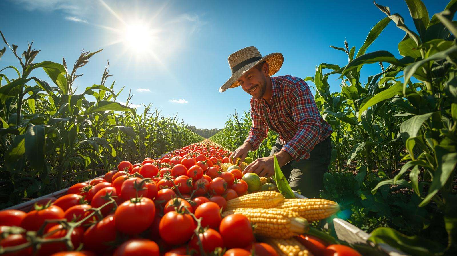 Farmer harvesting ripe tomatoes and corn in a sunlit summer field, highlighting the abundance of warm-season crops in optimal growing conditions