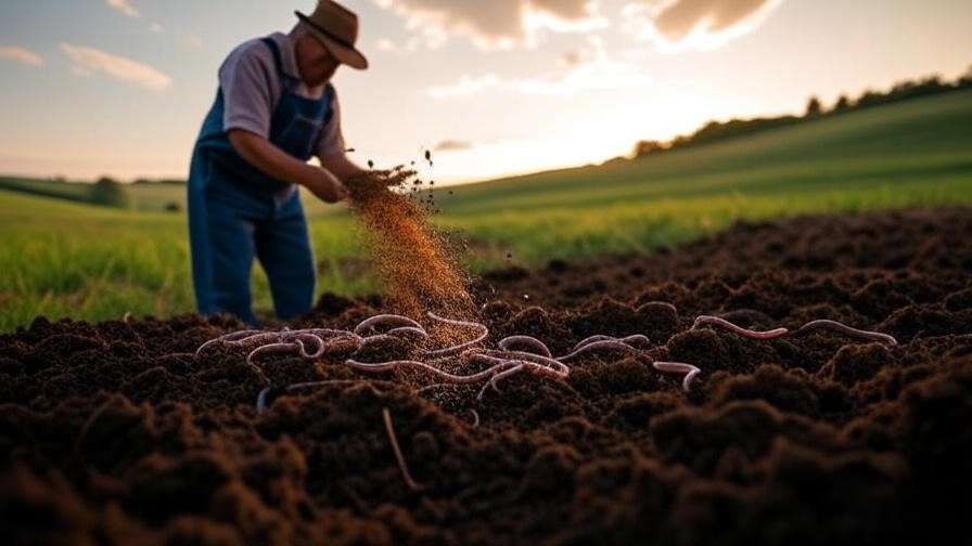 Farmer planting wheat seeds with modern equipment in healthy soil with earthworms