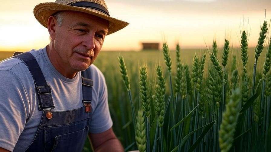 Farmer inspecting mature sprouted wheat with milling setup in background