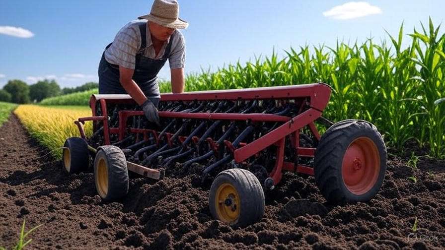 Farmer planting barley seeds in a crop rotation field with soybeans and corn.