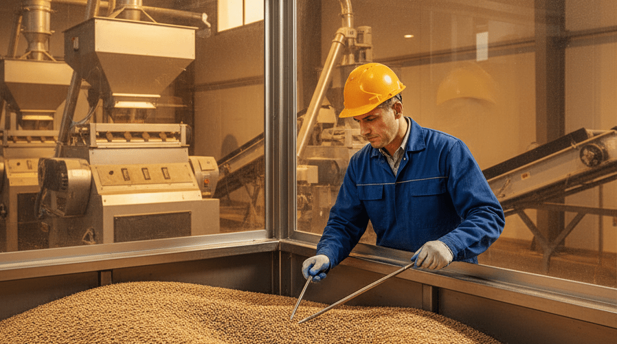 Farmer inspecting stored barley grains in a silo with roller mill, ensuring quality cattle feed.