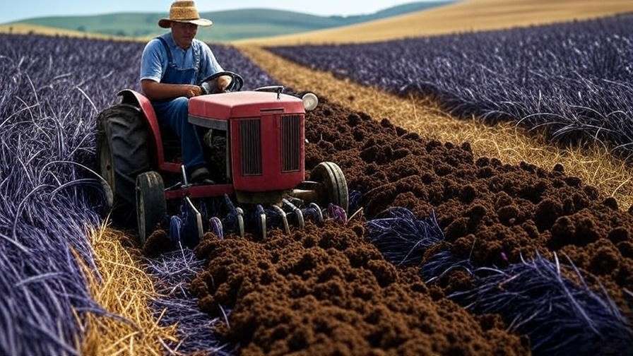 Split-field view of black barley and soybean crops with farmer inspecting soil