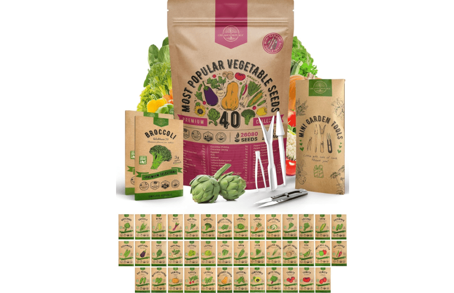 Organo Republic 40 Vegetable Seeds Variety Pack - 26000 Non GMO Heirloom Seeds for Planting Vegetables & Fruits in Bulk Individual Seed Packets