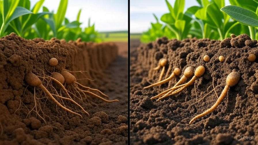 Split-screen of soil profiles showing canola roots and soybean nitrogen nodules for soil health.