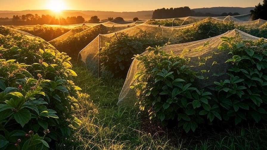 Organic berry farm using insect netting at sunrise for natural pest control